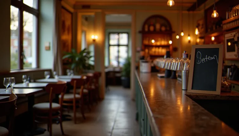 Intérieur chaleureux d'un bistrot lillois avec comptoir en zinc et tables en bois, illustrant le bistrot étymologie