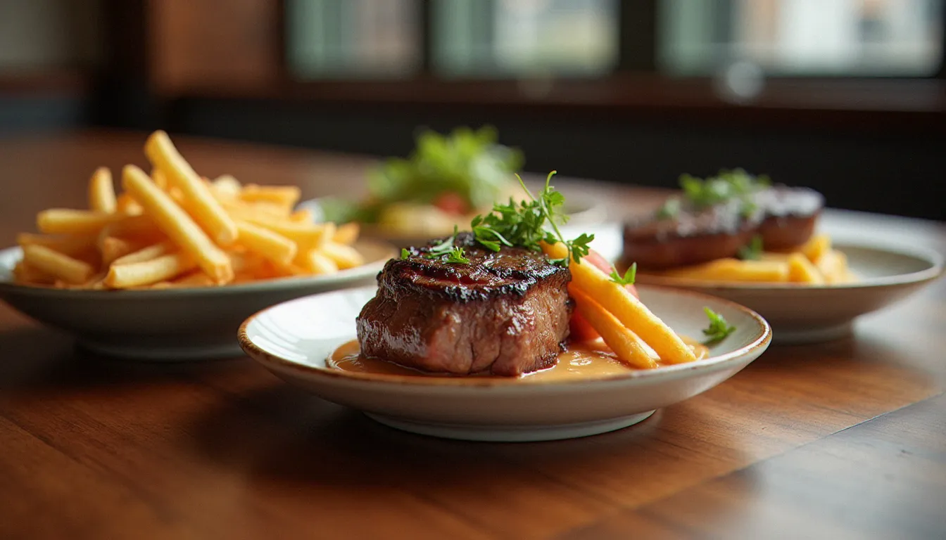 Comparaison de trois assiettes sur un comptoir en bois, du plat de bistrot simple au plat de bistrot gastronomique plus travaillé