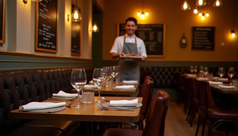 Salle chaleureuse d'un bistrot gastronomique lillois au moment du dîner, avec tables en bois, verres de vin et serveur apportant un plat mijoté