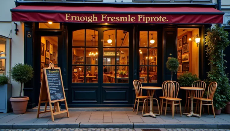 Façade chaleureuse d'un bistrot de quartier à la tombée du jour, illustrant l'univers visuel du bistrot graph avec son ardoise et sa terrasse