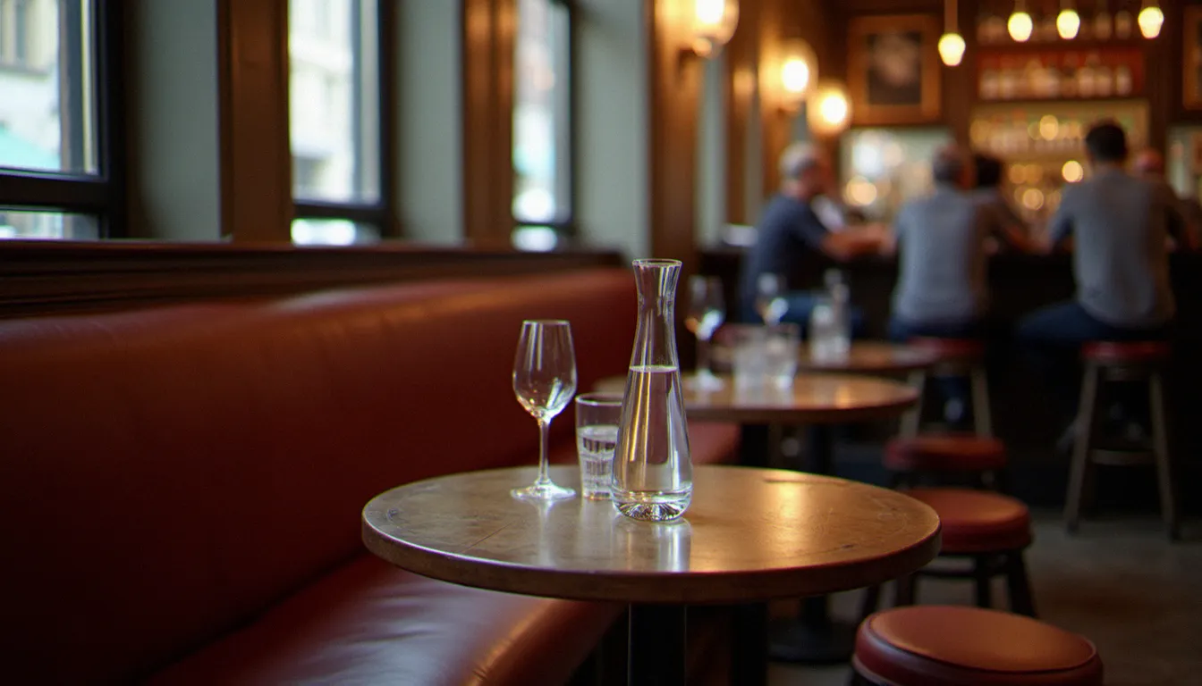 Banquette et table dressée dans un bistrot de quartier, avec des habitués au comptoir