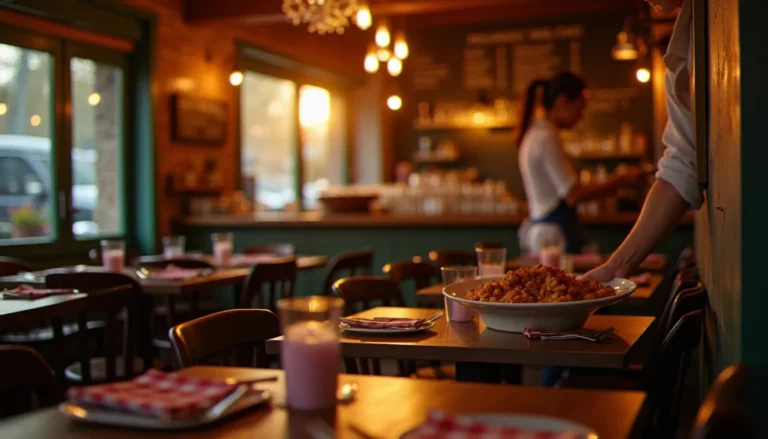 Intérieur chaleureux d'un bistrot de quartier avec comptoir en zinc et tables en bois, illustrant le bistrot Jourdan