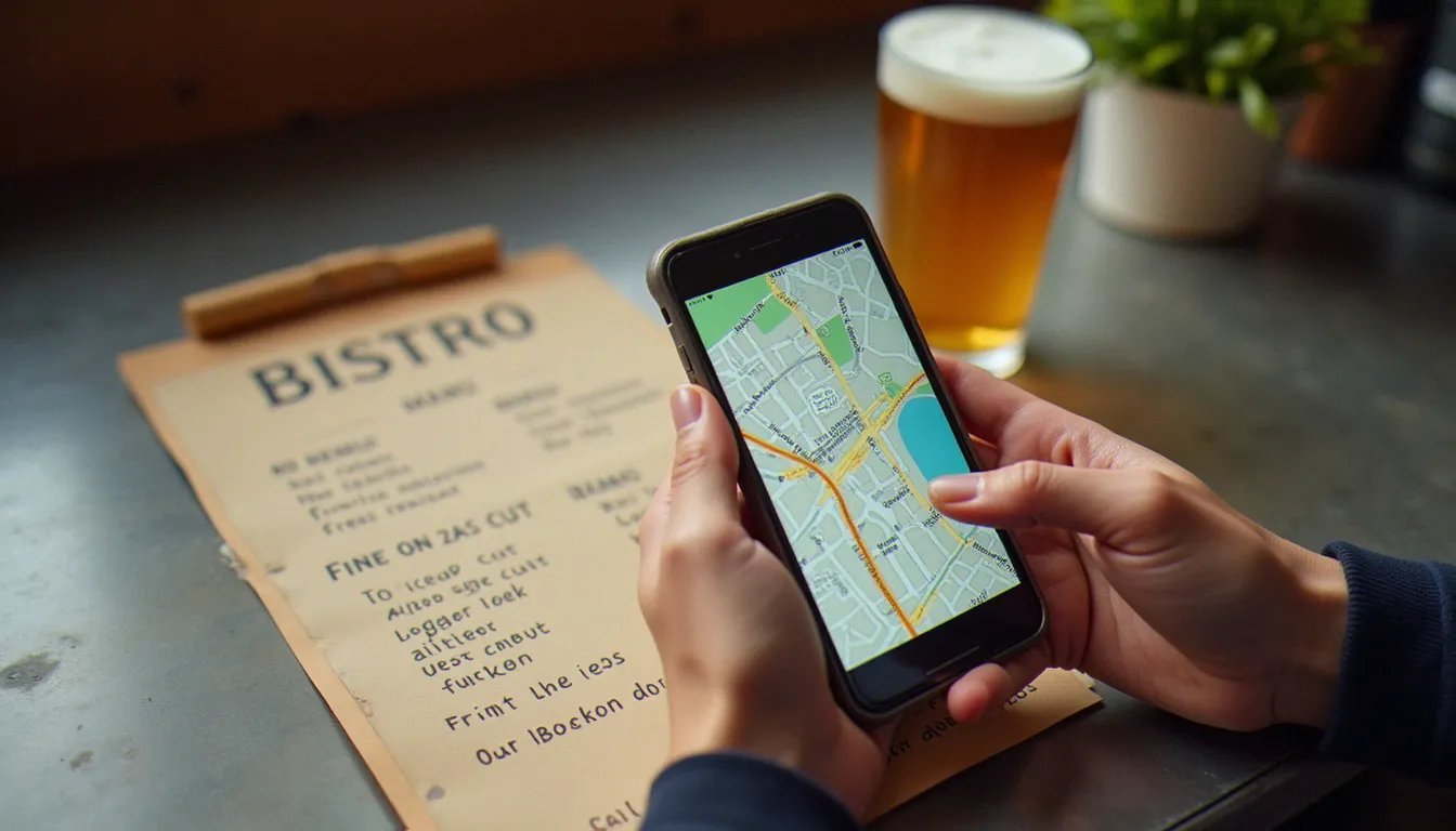 Une personne prépare sa sortie en consultant son téléphone au comptoir d'un bistrot, à côté d'une bière et d'une carte manuscrite