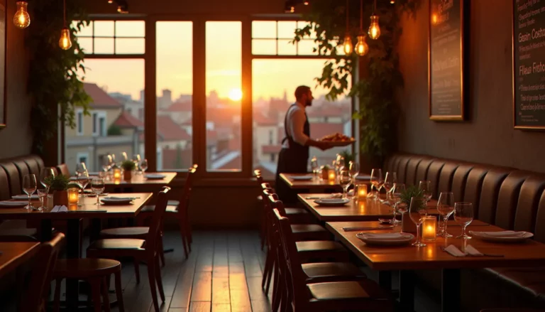 Salle chaleureuse d'un bistrot la haut à l'étage, avec grandes fenêtres sur les toits et tables en bois au coucher du soleil