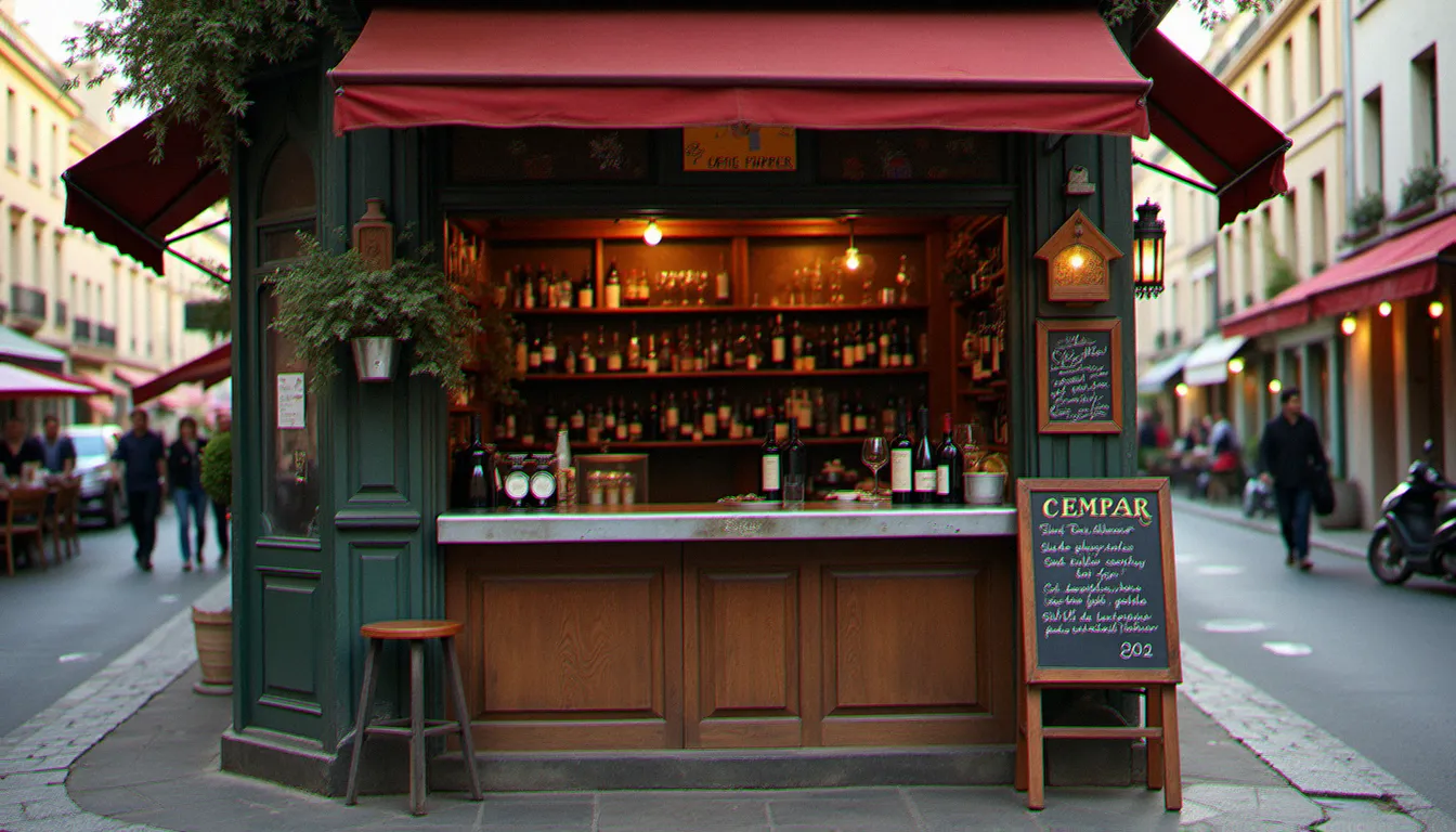 Façade d'un ancien café parisien avec verres de vin et ardoise à la lumière de fin d'après-midi, évoquant l'origine du mot bistrot