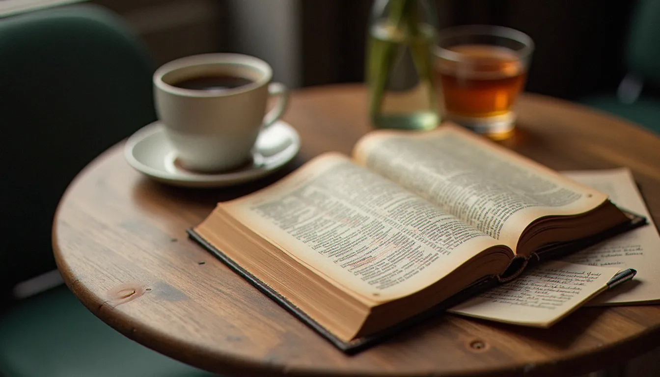 Dictionnaire ancien ouvert près d'un café et d'un petit verre sur une table de bistrot, évoquant les pistes étymologiques