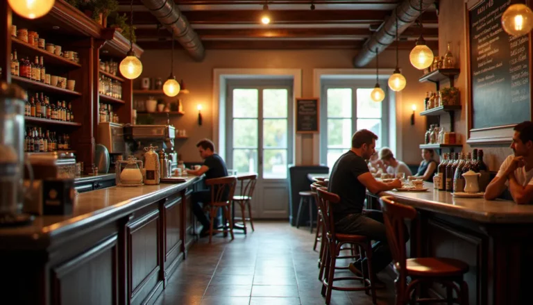Intérieur chaleureux d'un bistrot français avec comptoir en zinc, ardoise et chaises en bois, illustrant le bistrot origine