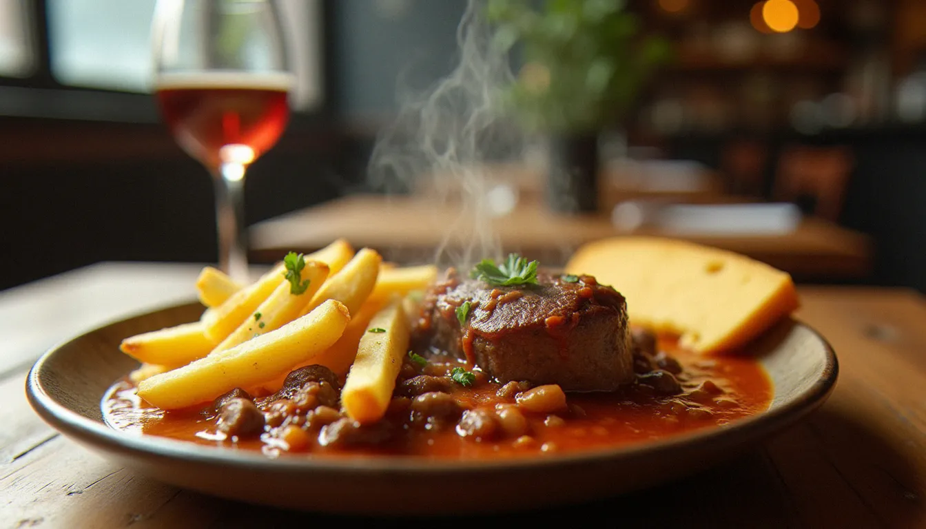Assiette de carbonade flamande et fromage fondu servie sur une table en bois, plats typiques d'un bistrot du Nord