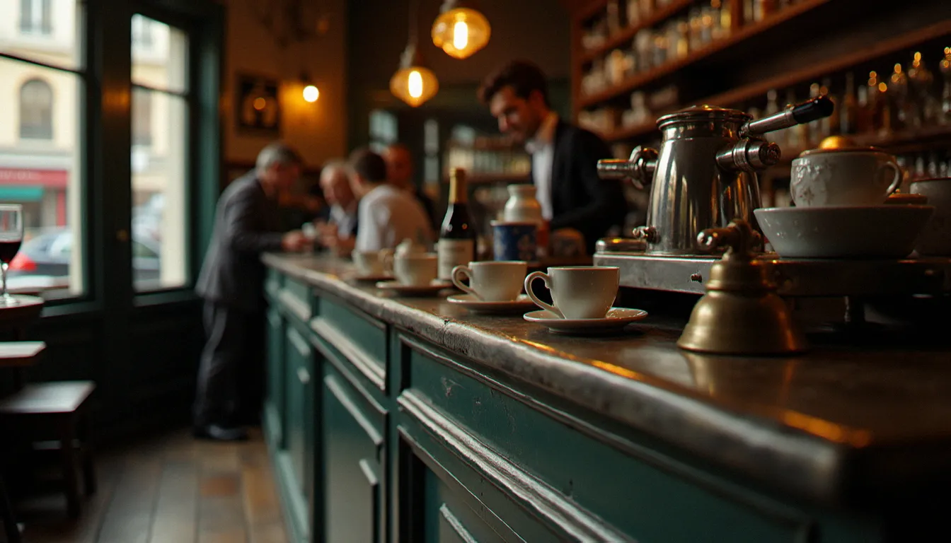 Comptoir en zinc d'un ancien café avec des habitués accoudés, évoquant les origines du bistrot