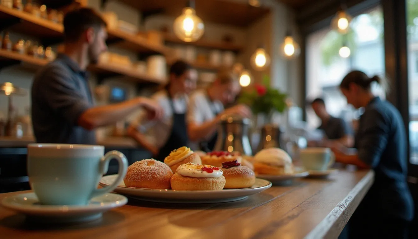 Comptoir de café avec pâtisseries et barista préparant des boissons