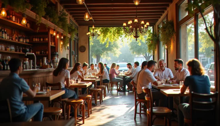 Café bistrot de quartier animé un matin ensoleillé, clients discutant et déjeunant