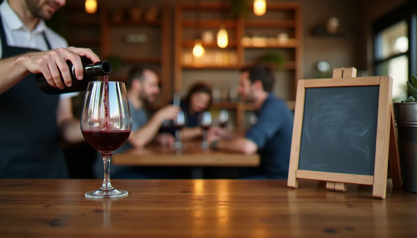 Comptoir animé d'un bistrot de quartier où un serveur sert un verre de vin à des habitués