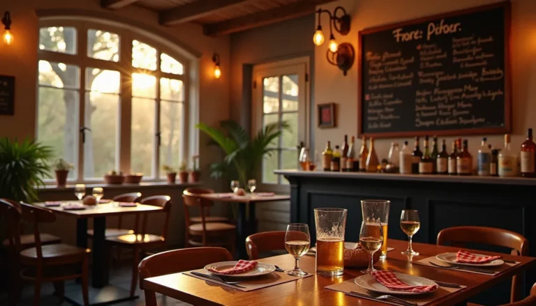Salle chaleureuse d'un bistrot de quartier avec tables en bois et comptoir, ambiance du bistrot d eleonore et maxence