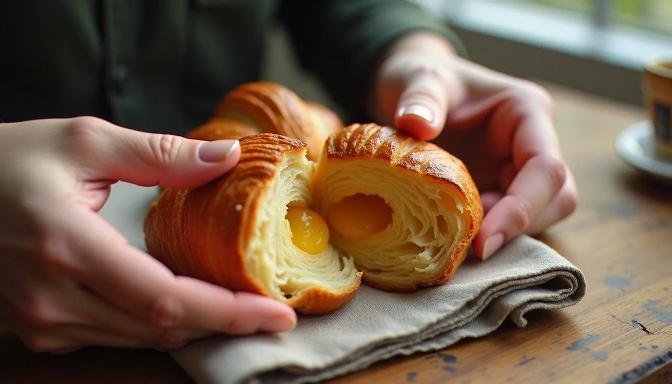 Mains qui ouvrent un croissant doré pour montrer son feuilletage alvéolé sur une table de bistrot en bois