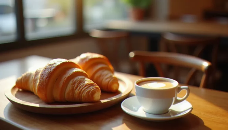 Croissants dorés au beurre et tasse de café sur le comptoir d'un bistrot de quartier, ambiance du bistrot du croissant