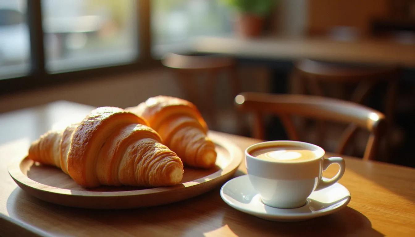 Croissants dorés au beurre et tasse de café sur le comptoir d'un bistrot de quartier, ambiance du bistrot du croissant