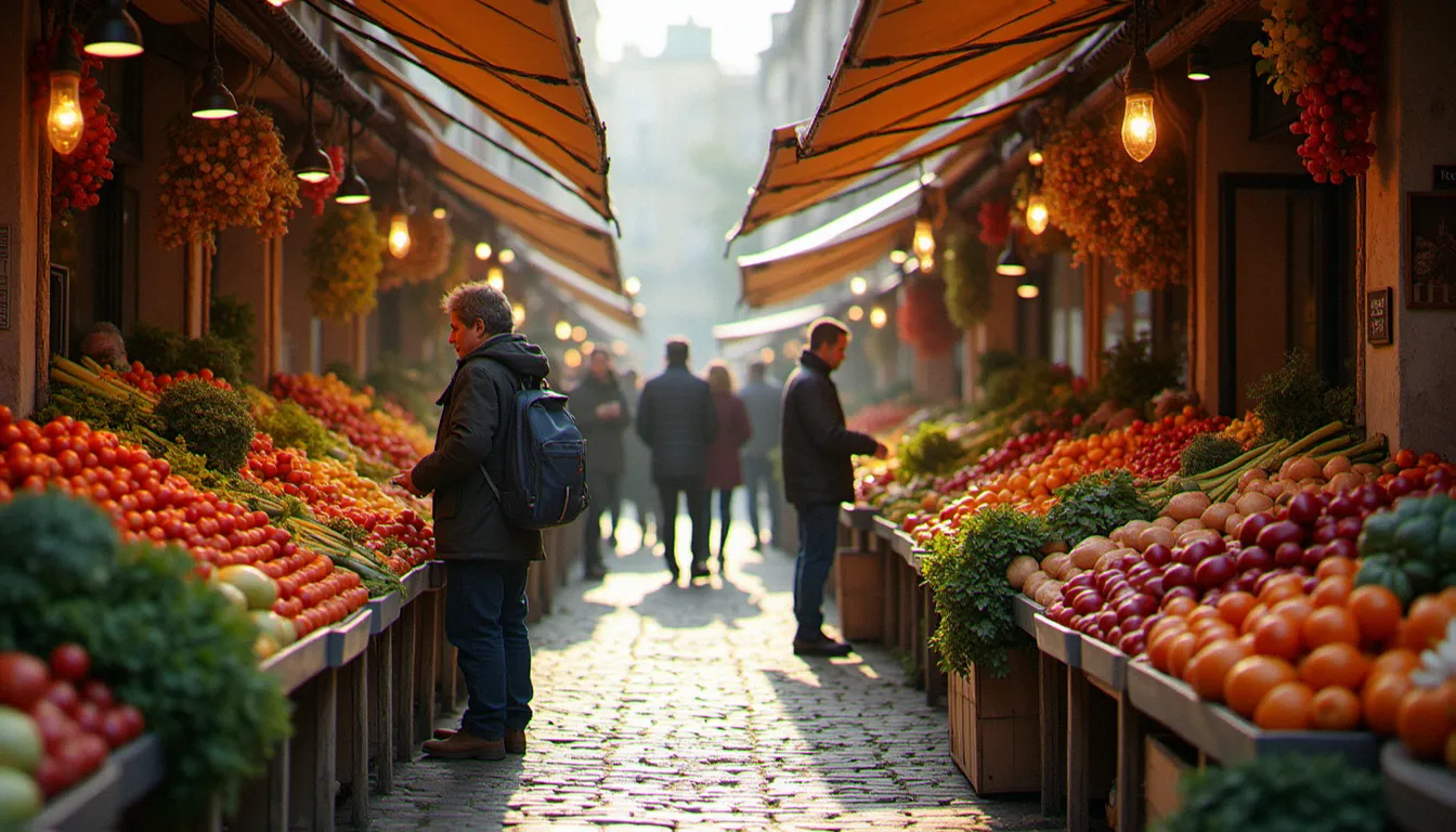 Marché local animé avec stands de produits frais, source d'approvisionnement des bistrots