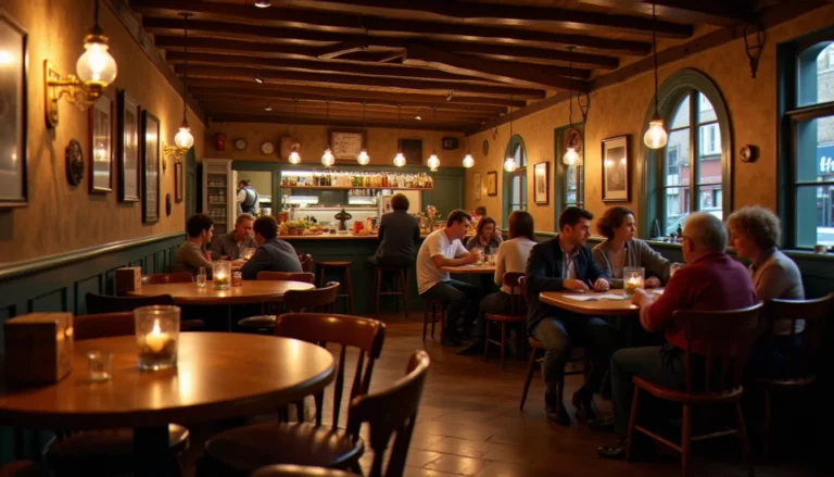 Intérieur chaleureux d'un bistrot du marché traditionnel avec tables en bois et ambiance conviviale