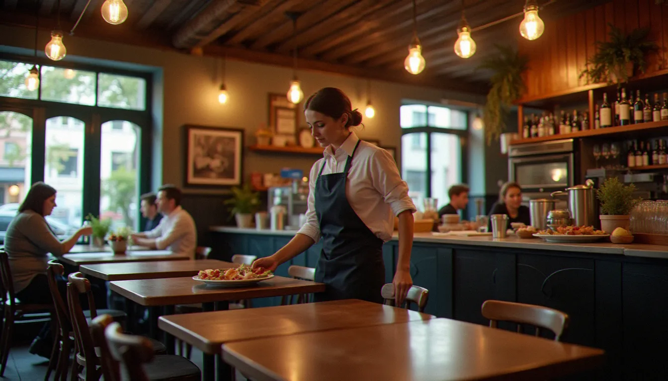 Salle conviviale d'un bistrot avec comptoir en zinc et serveur apportant un plat à une table en bois