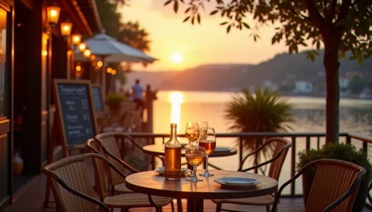 Terrasse chaleureuse du bistrot du ponton au bord de l'eau, avec tables en bois et verres posés au coucher du soleil