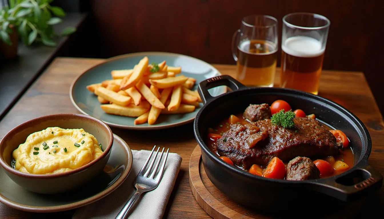 Table de bistrot garnie de plats traditionnels : œuf mayonnaise, steak-frites et carbonade flamande dans une cocotte en fonte