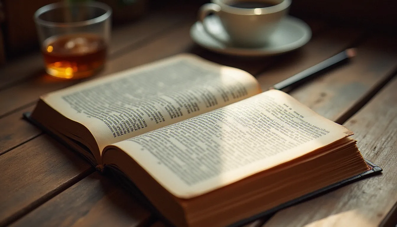 Dictionnaire ancien ouvert sur une table de bistrot à côté d'un petit café, pour évoquer l'étymologie du mot