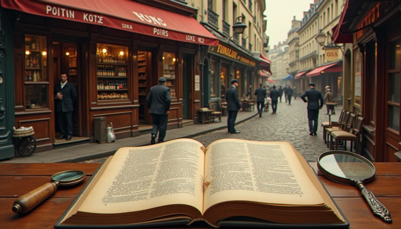 Vieux dictionnaire ouvert et gravure ancienne d'un débit de boissons parisien, évoquant la légende des cosaques et le mot bistrot