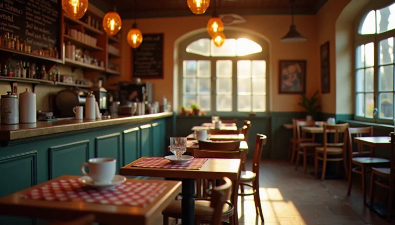 Intérieur chaleureux d'un bistrot de quartier avec comptoir en zinc et tables en bois, illustrant l'origine du mot bistrot