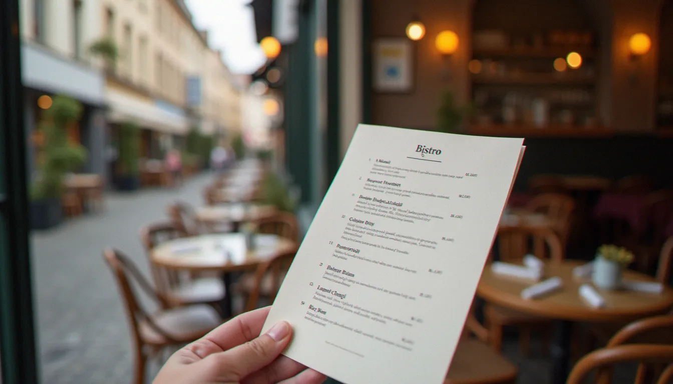 Main tenant une carte courte devant la vitrine d'un bistrot, terrasse de petites tables en arrière-plan, repérage d'un restaurant bien géré
