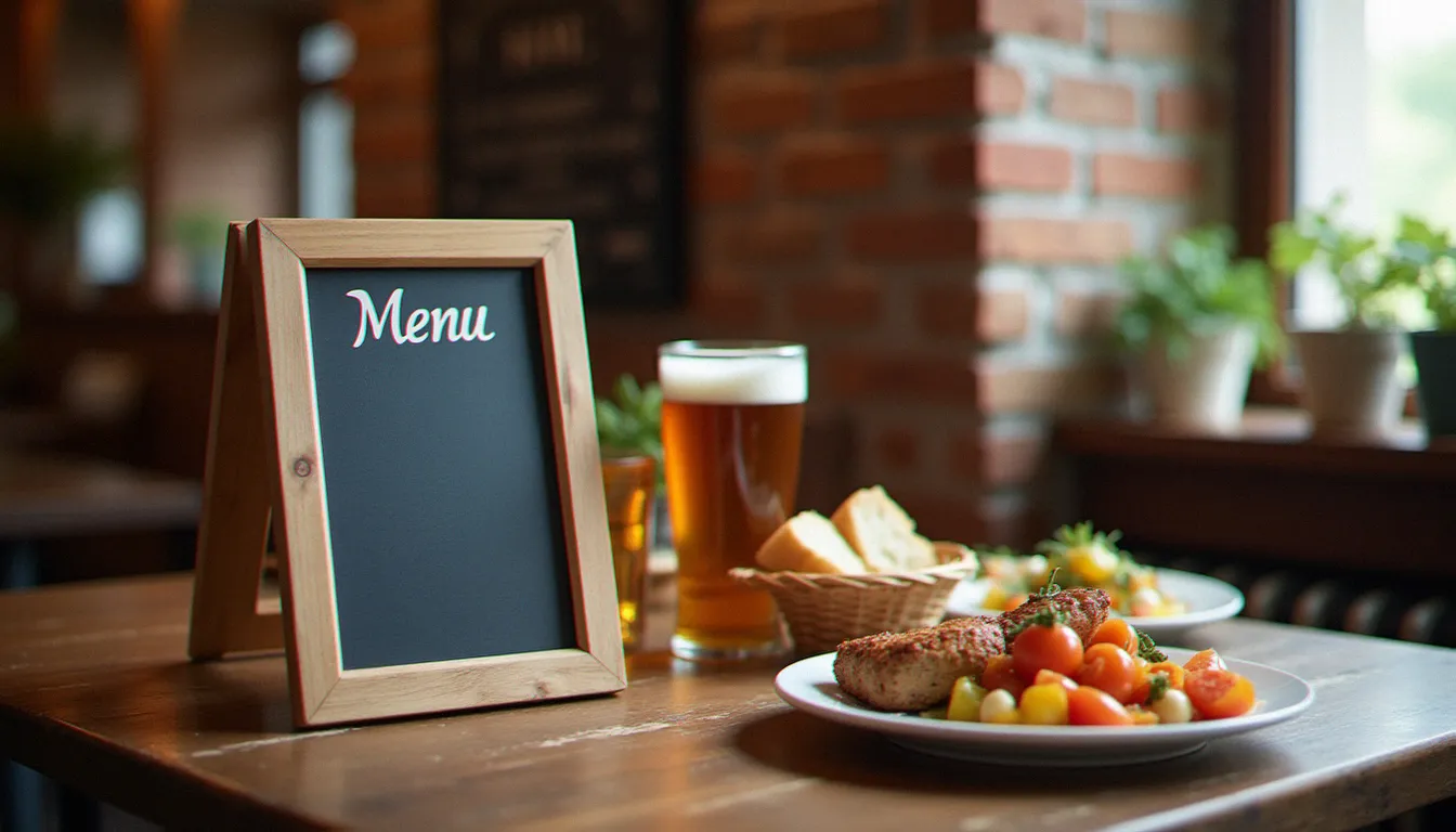 Table de bistrot avec une bière ambrée, du pain et un plat régional, devant un mur de briques typique du Nord