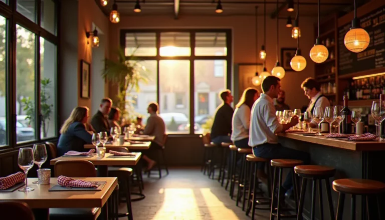 Salle chaleureuse d'un resto bistro de quartier à l'heure du déjeuner, avec comptoir en zinc, ardoise du jour et convives attablés