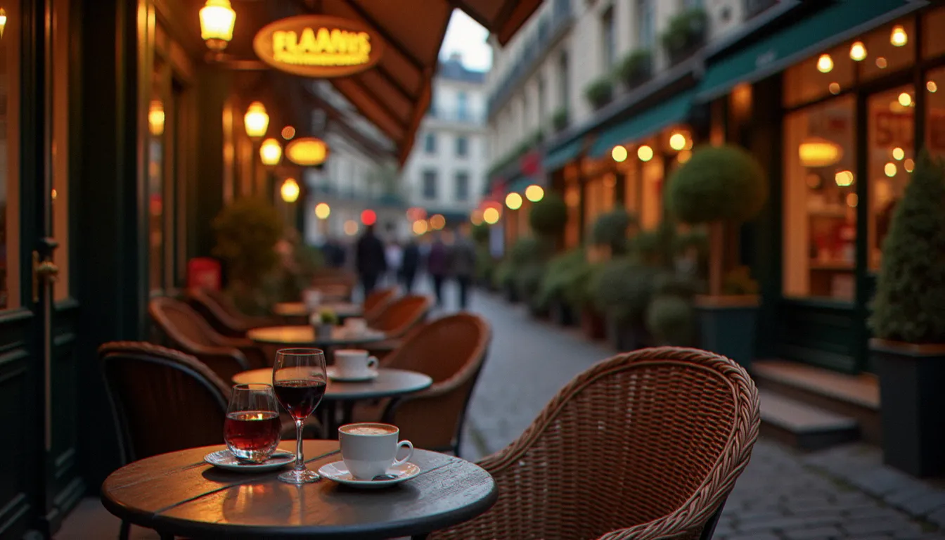Terrasse d'un vieux café-bistrot au crépuscule avec petites tables rondes, verre de vin rouge et tasse de café