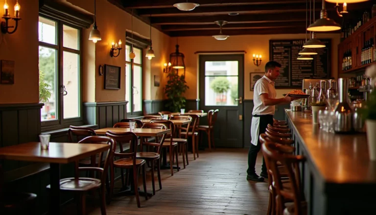Salle chaleureuse d'un bistrot de quartier avec comptoir en zinc, tables en bois et serveur apportant un plat mijoté