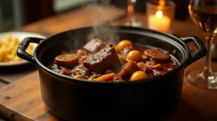 Cocotte en fonte fumante de boeuf bourguignon avec sa sauce au vin rouge profonde, oignons grelots glacés, lardons dorés et champignons, posée sur une table de bistrot en bois ciré