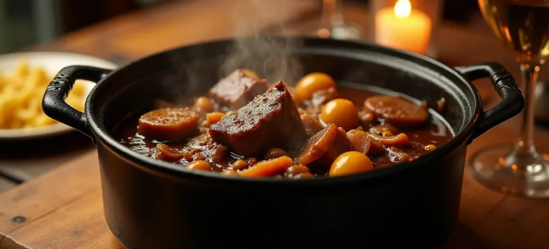 Cocotte en fonte fumante de boeuf bourguignon avec sa sauce au vin rouge profonde, oignons grelots glacés, lardons dorés et champignons, posée sur une table de bistrot en bois ciré