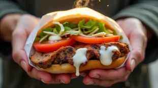 Un kebab döner fraîchement préparé tenu à deux mains, avec de fines tranches de viande rôtie dorée, chou blanc émincé, tomates et sauce blanche à l'ail débordant d'un pain plat chaud