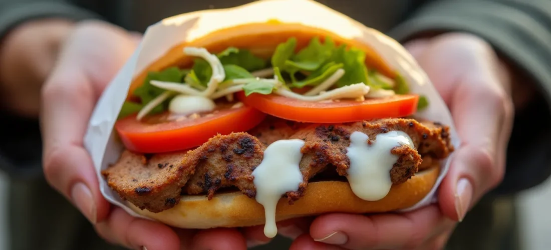 Un kebab döner fraîchement préparé tenu à deux mains, avec de fines tranches de viande rôtie dorée, chou blanc émincé, tomates et sauce blanche à l'ail débordant d'un pain plat chaud